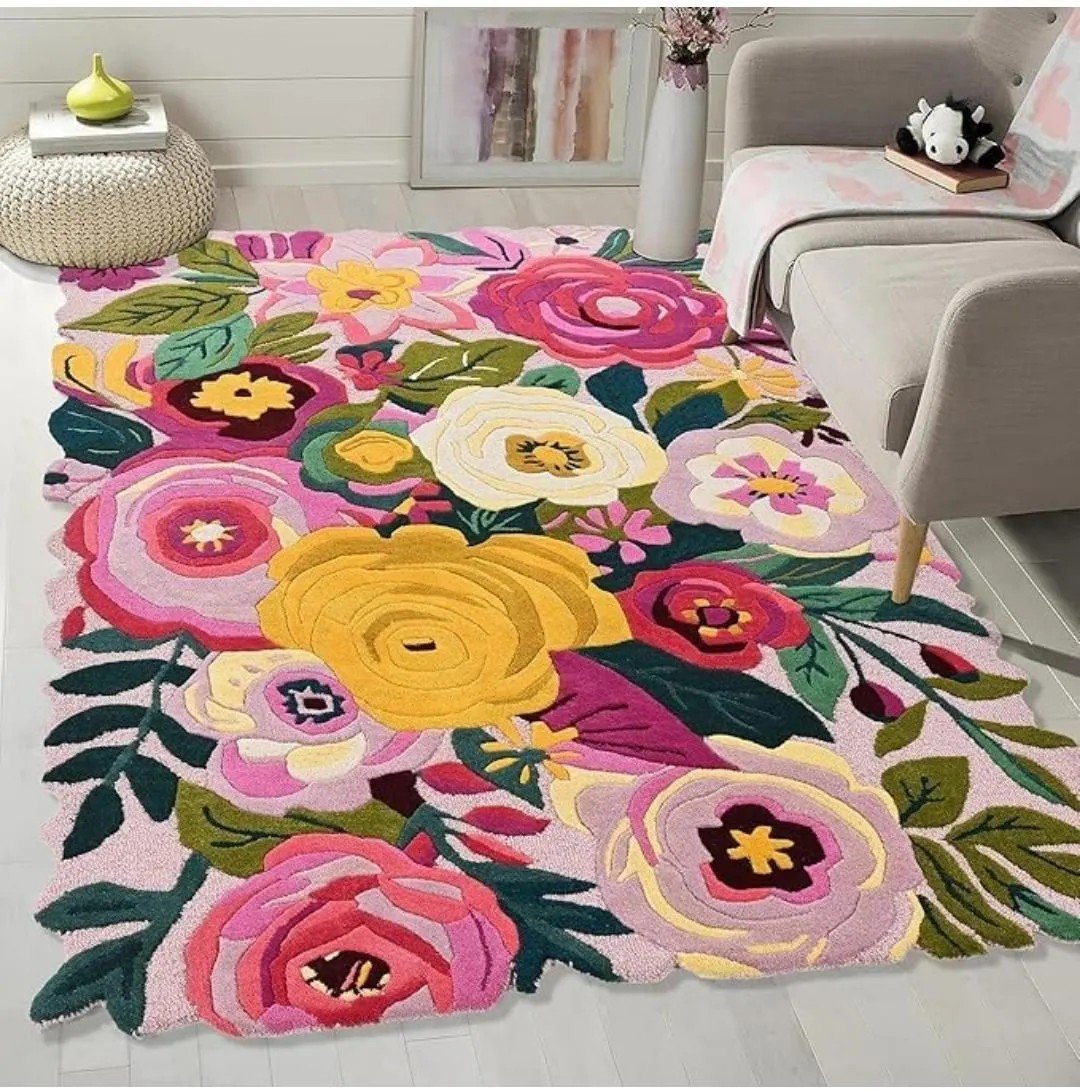 Handmade Wool Floral Rug: Colorful Botanical Tufted Carpet
