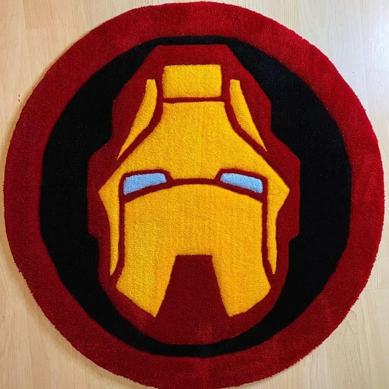 Hand Tufted Superhero Mask Rug – Red & Yellow Round Wool Carpet - Image 3