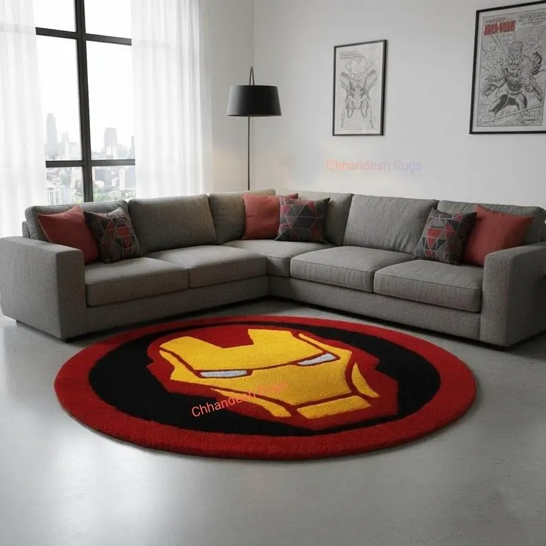 Hand Tufted Superhero Mask Rug – Red & Yellow Round Wool Carpet